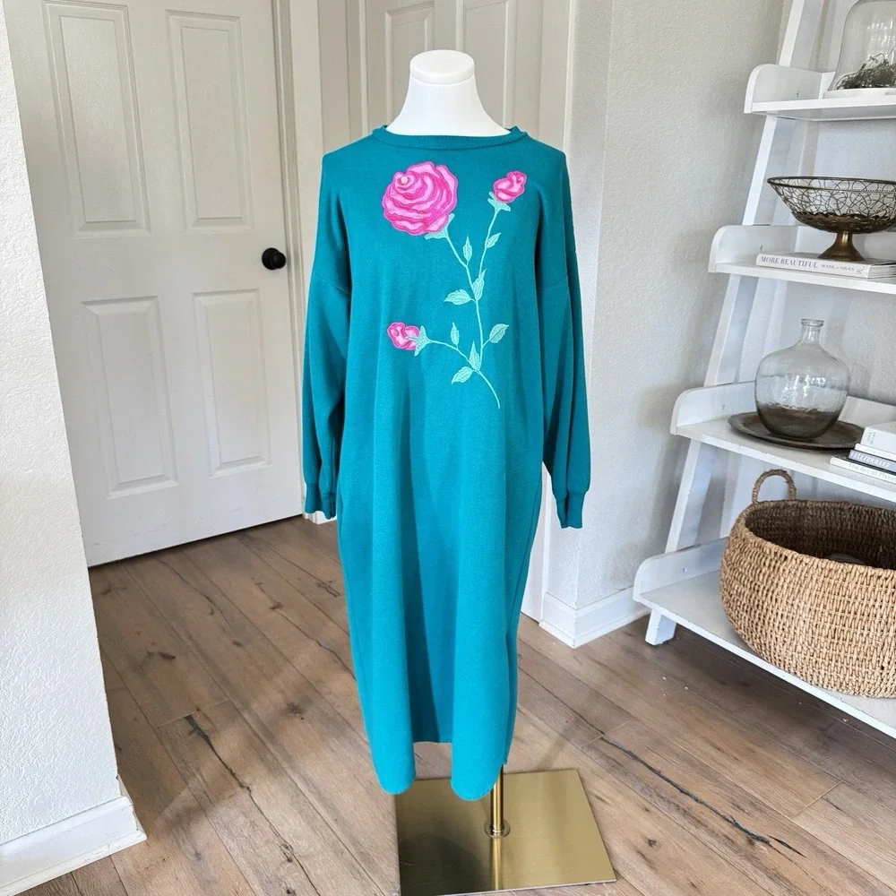 Vtg Appel Teal Sweatshirt Pullover Robe Nightgown Rose Embroidered OSFA/L‎ Boho